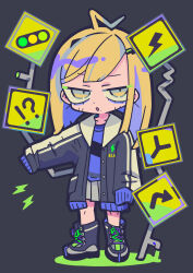 Rule 34 | 1girl, :o, ahoge, androgynous, black footwear, black jacket, blonde hair, blue eyeshadow, blue hair, blue shirt, chibi, collarbone, eyeshadow, grey background, grey eyes, grey skirt, highres, jacket, lightning bolt symbol, long hair, long sleeves, looking at viewer, makeup, mole, mole under mouth, multicolored hair, open clothes, open jacket, open mouth, original, pleated skirt, shirt, sign, simple background, skirt, sleeves past fingers, sleeves past wrists, solo, standing, terada tera, two-tone hair