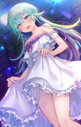Rule 34 | 1boy, bare legs, blue eyes, blue hair, blush, bulge, clothes lift, crossdressing, dohna dohna issho ni warui koto o shiyou, dress, dress lift, e (ejkfogksiu sjsial), embarrassed, frilled dress, frills, hair between eyes, hair ornament, hairclip, highres, joker (dohna dohna), lifted by self, long hair, male focus, off-shoulder dress, off shoulder, open mouth, panties, solo, trap, underwear, white dress, white panties