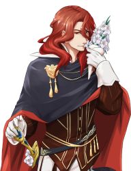 Rule 34 | 1boy, arvis (fire emblem), bouquet, fire emblem, fire emblem: genealogy of the holy war, flower, hair between eyes, highres, holding, holding bouquet, long hair, looking at viewer, male focus, nintendo, red hair, rose, solo, transparent background, wavy hair