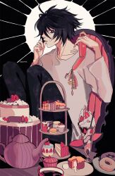 Rule 34 | 1boy, artist name, bags under eyes, black background, black eyes, black hair, black pants, cake, cellphone, cellphone charm, chair, charm (object), collarbone, death note, dessert, doughnut, flip phone, food, food on face, hair between eyes, highres, holding, holding phone, l (death note), long sleeves, male focus, messy hair, pants, parfait, phone, shirt, short hair, sitting, solo, strawberry parfait, teapot, thumb to mouth, vacuumchan, white shirt