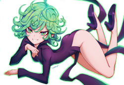 Rule 34 | 1girl, artist name, ass, aura, bare legs, black dress, black footwear, blush, breasts, commentary, curly hair, dress, flipped hair, floating, floating clothes, green eyes, green hair, green outline, grin, groin, hair between eyes, high heels, liyart, long sleeves, looking at viewer, no panties, one-punch man, open mouth, outline, pelvic curtain, short hair, side slit, signature, simple background, small breasts, smile, solo, tatsumaki, telekinesis, thighs, tsurime, v-shaped eyebrows, white background
