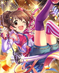 Rule 34 | 10s, 1girl, akagi miria, artist request, asymmetrical legwear, black hair, blush, bow, brown eyes, card (medium), child, circus, detached sleeves, frills, hair ornament, hat, idolmaster, idolmaster cinderella girls, looking at viewer, makeup, mini hat, mismatched legwear, official art, one eye closed, open mouth, short hair, shorts, sitting, smile, solo, striped clothes, striped legwear, striped thighhighs, suspenders, thighhighs, twintails, two side up, vertical-striped clothes, vertical-striped thighhighs
