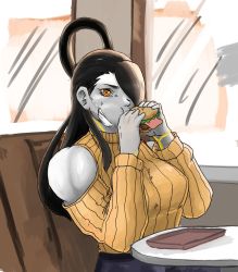 Rule 34 | 1girl, android, black hair, breasts, capcom, eating, face mask, food, highres, long hair, mask, sandwich, seth (street fighter), street fighter, sweater