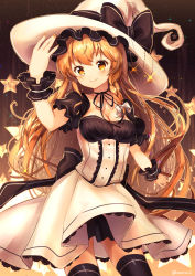 Rule 34 | 1girl, absurdres, alternate color, black bow, black ribbon, black thighhighs, blonde hair, bow, braid, breasts, center frills, chain, choker, cleavage, closed mouth, cowboy shot, floating hair, frills, hand up, hat, hat bow, highres, kirisame marisa, long hair, looking at viewer, medium breasts, nail polish, nenobi (nenorium), orange nails, puffy short sleeves, puffy sleeves, ribbon, ribbon choker, short sleeves, side braid, skirt, smile, solo, sparkle, standing, star (symbol), thighhighs, touhou, twitter username, white bow, white hat, white skirt, witch hat, wrist cuffs