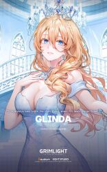 Rule 34 | 1girl, ahoge, blonde hair, blue dress, blue eyes, breasts, cleavage, commentary, crown, dress, earrings, english commentary, english text, glinda (grimlight), grimlight, highres, jewelry, long hair, medium breasts, necklace, off-shoulder dress, off shoulder, official art, solo