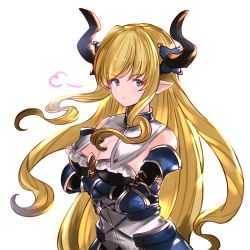 1girl, blonde hair, blue eyes, breasts, cleavage, commentary request, granblue fantasy, habas1496, highres, horns, long hair, looking at viewer, pointy ears, rastina, serious, simple background, solo, standing, white background