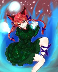 Rule 34 | 1girl, animal ears, ashigaruk, braid, breasts, cat ears, dress, foot out of frame, from above, green dress, highres, hitodama, kaenbyou rin, large breasts, looking at viewer, red eyes, red hair, simple background, smile, solo, touhou, twin braids