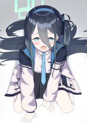 Rule 34 | 1girl, absurdly long hair, akihiroeo, aqua halo, aris (blue archive), black hair, black skirt, blue archive, blue eyes, blue headband, blue necktie, coat, collared shirt, commentary request, hair between eyes, hair ornament, halo, hands on ground, headband, highres, kneeling, long hair, long hair between eyes, long sleeves, necktie, one side up, open mouth, pleated skirt, rectangular halo, shirt, simple background, skirt, solo, tie clip, very long hair, white coat, white shirt