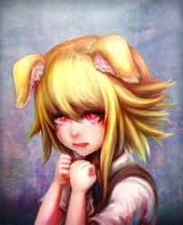 Rule 34 | 1girl, animal ear fluff, animal ears, asymmetrical hair, black bow, black bowtie, blonde hair, bow, bowtie, brown vest, clenched hand, collared shirt, commentary request, cookie (touhou), crying, crying with eyes open, floppy ears, fox ears, fox girl, hair between eyes, khn (kihana), medium hair, miramikaru riran, open mouth, red eyes, shirt, sidelocks, solo, tears, upper body, vest, white shirt