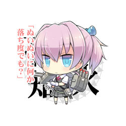 Rule 34 | 10s, 1girl, adjusting clothes, adjusting gloves, blue eyes, character name, chibi, gloves, hair ornament, kantai collection, looking at viewer, mimura ryou, neck ribbon, personification, pink hair, ponytail, red ribbon, ribbon, school uniform, shiranui (kancolle), short hair, simple background, skirt, solo, translated, white background