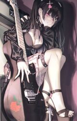 Rule 34 | 1girl, amplifier, black footwear, black hair, black nails, black shirt, breasts, cleavage, commentary, cross hair ornament, ear piercing, earrings, electric guitar, eyelashes, feet, foreshortening, from below, full body, guitar, hair ornament, hand up, head rest, heart, heart hair ornament, high heels, highres, indoors, instrument, jewelry, leaning forward, legs, long hair, long sleeves, looking at viewer, looking down, medium breasts, miniskirt, mole, mole on breast, nail polish, neon (pixiv 31150749), one eye closed, original, piercing, pink eyes, pink nails, pink skirt, pleated skirt, puffy sleeves, ribbon-trimmed sleeves, ribbon trim, ring, sandals, shadow, shirt, sitting, skirt, solo, strappy heels, symbol-only commentary, toenail polish, toenails, toes, twintails