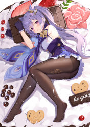 Rule 34 | 1girl, absurdres, ass, bare shoulders, black gloves, brown pantyhose, chocolate, cone hair bun, detached sleeves, dress, feet, full body, genshin impact, gloves, hair bun, hair ears, hair ornament, highres, hokori sakuni, keqing (genshin impact), long hair, looking at viewer, lying, no shoes, on side, pantyhose, pink eyes, purple dress, purple hair, short dress, solo, tongue, tongue out, twintails, wide sleeves