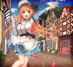 Rule 34 | 1girl, :d, album cover, apron, bare shoulders, black bow, bloomers, blue eyes, blue flower, blue hat, blue skirt, blue sky, blush, bow, breasts, brown hair, cloud, commentary request, cover, day, detached sleeves, flower, frilled apron, frills, hat, highres, house, juliet sleeves, kayase, long hair, long sleeves, medium breasts, open mouth, original, outdoors, outstretched arm, petals, puffy sleeves, round teeth, shirt, skirt, sky, smile, solo, striped clothes, striped skirt, striped sleeves, teeth, underwear, upper teeth only, vertical-striped clothes, vertical-striped skirt, very long hair, waist apron, white apron, white bloomers, white shirt