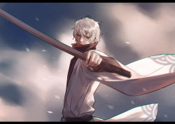 Rule 34 | 1boy, 79357 (lyhlyhlyh), gintama, holding, holding weapon, japanese clothes, letterboxed, male focus, outstretched arm, petals, red eyes, sakata gintoki, solo, sword, weapon, wooden sword
