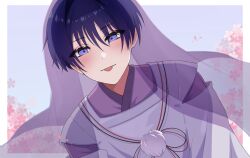 Rule 34 | 1boy, cape, cherry blossoms, chobonu, closed mouth, detached sleeves, genshin impact, hair between eyes, highres, japanese clothes, kimono, long sleeves, male focus, pom pom (clothes), purple cape, purple eyes, purple hair, purple kimono, purple shirt, scaramouche (genshin impact), scaramouche (kabukimono) (genshin impact), shirt, short hair, smile, solo, wide sleeves