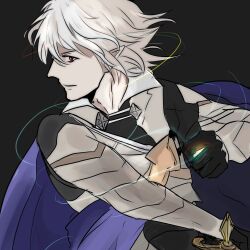 Rule 34 | 1boy, blue cape, cape, collared shirt, corrin (fire emblem), corrin (male) (fire emblem), fire emblem, fire emblem fates, highres, looking at viewer, male focus, medium hair, nintendo, pointy ears, pointy nose, red eyes, sarasoujyu, shirt, sidelocks, solo, upper body, white hair