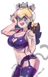 Rule 34 | 1girl, animal ears, blonde hair, blue eyes, bra, breasts, cat ears, cat tail, cleavage, cleavage cutout, clothing cutout, crown, fake animal ears, garter belt, garter straps, heart cutout, highres, large breasts, long hair, mario (series), mole, mole on breast, navel, nintendo, open mouth, paw pose, princess peach, purple bra, purple thighhighs, sho-n-d, sketch, smile, solo, suspenders, tail, thighhighs, twitter username, underwear, underwear only
