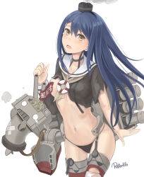 Rule 34 | 1girl, aho girl, amatsukaze (kancolle), amatsukaze (kancolle) (cosplay), artist name, bad id, bad pixiv id, black panties, blue hair, blush, brown eyes, convenient censoring, cosplay, cowboy shot, crying, crying with eyes open, fuuki iinchou (aho girl), hair ornament, hairclip, hat, highres, kantai collection, lifebuoy, long hair, navel, o o, panties, rensouhou-kun, retorillo, sailor collar, simple background, striped clothes, striped thighhighs, swim ring, tears, thighhighs, torn clothes, underwear, white background