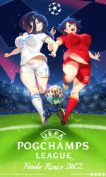 Rule 34 | 2girls, absurdres, alternate breast size, ball, black hair, blue eyes, breasts, cleats, hair ornament, hairclip, highres, impossible clothes, impossible shirt, kill la kill, kiryuuin satsuki, kneehighs, large breasts, liverpool fc, logo parody, long hair, lulu-chan92, matoi ryuuko, motion blur, multicolored hair, multiple girls, open mouth, ponytail, real madrid, red hair, red shirt, red shorts, red socks, running, shirt, short hair, shorts, siblings, sidelocks, sisters, soccer, soccer ball, soccer uniform, socks, sportswear, sweat, thick thighs, thighs, uefa champions league, uvula, white shirt, white shorts, white socks
