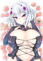 Rule 34 | 1girl, black panties, breasts, cleavage, cross-laced clothes, flower, groin, hair between eyes, hair ornament, highres, huge breasts, looking at viewer, lying, midriff, navel, on back, open mouth, original, panties, pink eyes, pink flower, pink rose, rose, short hair, silver hair, solo, tousen, underwear, upper body, virtual youtuber