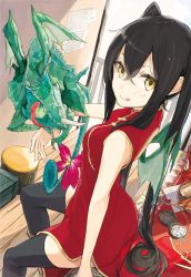 Rule 34 | 1girl, bare arms, black hair, black thighhighs, chameleon, china dress, chinese clothes, compass, dragon, dragon girl, dragon wings, dress, gold trim, licking lips, long hair, looking at viewer, mini dragon, miruto netsuki, original, red dress, sitting, sleeveless, sleeveless dress, smile, solo, thighhighs, thighs, tongue, tongue out, twintails, very long hair, wings, yellow eyes, zettai ryouiki