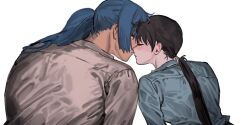 Rule 34 | 2girls, belletaku, blue hair, blue shirt, blush, brown hair, closed eyes, collared shirt, commentary request, from behind, highres, imminent kiss, korean commentary, long hair, multiple girls, original, ponytail, shirt, simple background, upper body, white background, white shirt, yuri