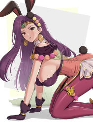 Rule 34 | 1girl, all fours, animal ears, breasts, brown eyes, cape, earrings, eyeshadow, fake animal ears, fake tail, female focus, fire emblem, fire emblem echoes: shadows of valentia, fire emblem heroes, gloves, gonzarez, highres, jewelry, kneeling, large breasts, leotard, looking at viewer, makeup, nintendo, official alternate costume, pantyhose, playboy bunny, purple hair, rabbit ears, red pantyhose, see-through, solo, sonya (fire emblem gaiden), tail