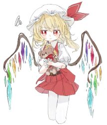 Rule 34 | 1girl, ascot, blonde hair, blush, cropped legs, crystal, flandre scarlet, hat, hat ribbon, highres, holding, holding stuffed toy, hugging doll, hugging object, looking at viewer, mob cap, osakanadream, pantyhose, puffy short sleeves, puffy sleeves, red eyes, red ribbon, red skirt, red vest, ribbon, shirt, short sleeves, side ponytail, simple background, skirt, solo, squiggle, stuffed animal, stuffed toy, teddy bear, touhou, vest, white background, wings