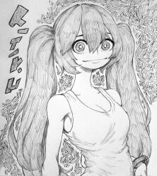 Rule 34 | 1girl, bracelet, breasts, chronozbergh, commentary, eyebrows hidden by hair, graphite (medium), greyscale, hatsune miku, jewelry, long hair, medium breasts, monochrome, solo, tank top, traditional media, translation request, twintails, upper body, vocaloid