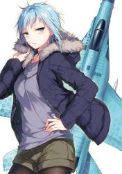 Rule 34 | 1girl, aircraft, airplane, black pantyhose, blue eyes, blue hair, blue jacket, breasts, casual, character request, closed mouth, cowboy shot, dengeki bunko, eyelashes, fur-trimmed hood, fur trim, girly air force, green shorts, grey shirt, hand on own hip, highres, hood, hood down, hooded jacket, jacket, jpeg artifacts, long sleeves, looking at viewer, medium breasts, novel illustration, official art, open clothes, open jacket, pantyhose, shirt, short hair, short shorts, shorts, simple background, solo, toosaka asagi, untucked shirt, unzipped, very short hair, white background