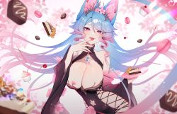 Rule 34 | 1girl, absurdres, animal ears, bare shoulders, blue hair, breasts, commentary, cupcake, detached sleeves, english commentary, food, fox ears, fox girl, highres, large breasts, long hair, looking at viewer, multicolored hair, nail polish, nanoless, navel, pie, pink hair, silvervale, solo, tongue, tongue out, two-tone hair, very long hair, virtual youtuber, vshojo