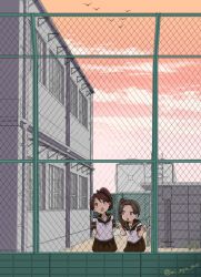 Rule 34 | 2girls, ayanami (kancolle), bird, brown hair, brown sailor collar, brown skirt, building, chain-link fence, cloud, commentary request, fence, hair ribbon, kantai collection, long hair, mi nya mo, multiple girls, one-hour drawing challenge, orange sky, pleated skirt, ponytail, ribbon, sailor collar, school uniform, serafuku, shikinami (kancolle), short ponytail, side ponytail, skirt, sky, sunset, twitter username