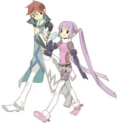 Rule 34 | 1boy, 1girl, asbel lhant, bad id, bad pixiv id, brown hair, food, full body, gloves, ice cream, long hair, o-ring, purple hair, simple background, sophie (tales), tales of (series), tales of graces, twintails, white background, zenmai