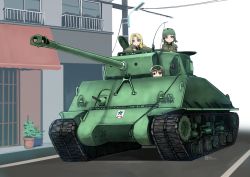Rule 34 | 10s, 3girls, arm support, artist name, blonde hair, blue eyes, brown eyes, brown hair, city, dated, extra, girls und panzer, goggles, hatch, highres, kay (girls und panzer), long hair, m4 sherman, military, military uniform, military vehicle, motor vehicle, multiple girls, plant, potted plant, power lines, road, signature, smile, street, tank, tokihama jirou, uniform, utility pole, vehicle