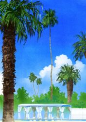 Rule 34 | absurdres, blue sky, chair, cloud, curtains, day, halftone, highres, hirota (masasiv3), nature, no humans, outdoors, palm tree, pool, scenery, sky, tree