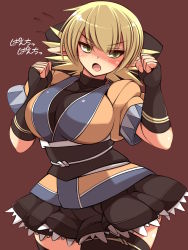 Rule 34 | 1girl, adapted costume, alternate breast size, black gloves, black sash, black shirt, black skirt, black thighhighs, blonde hair, blush, breasts, brown background, brown jacket, clip studio paint (medium), commentary request, cowboy shot, elbow gloves, flying sweatdrops, gloves, green eyes, hair between eyes, highres, jacket, large breasts, layered clothes, looking at viewer, medium hair, mizuhashi parsee, multicolored clothes, multicolored jacket, obi, open mouth, pointy ears, sash, shirt, simple background, skirt, solo, thighhighs, touhou, translation request, ueda katsuhito, zettai ryouiki