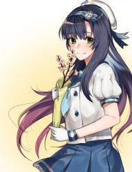 Rule 34 | 1girl, bad id, bad twitter id, black hair, blue neckerchief, blue ribbon, blue skirt, branch, cherry blossoms, commentary request, cowboy shot, gloves, gradient hair, green eyes, highres, inusaka, kantai collection, long hair, looking at viewer, matsuwa (kancolle), multicolored hair, neckerchief, pleated skirt, puffy short sleeves, puffy sleeves, purple hair, ribbon, school uniform, serafuku, short ponytail, short sleeves, skirt, solo, tareme, white gloves, yellow background