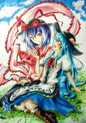Rule 34 | 2girls, absurdres, arm support, ascot, bad id, bad pixiv id, blue hair, blue sky, boots, cloud, cross-laced footwear, dress, food, frilled dress, frills, fruit, hagoromo, hand up, hands on lap, hat, hat ribbon, highres, hinanawi tenshi, layered dress, leaf, light smile, long hair, long sleeves, looking at another, looking up, marker (medium), mr.bukiyo, multiple girls, nagae iku, on grass, open mouth, outdoors, own hands together, peach, puffy short sleeves, puffy sleeves, red eyes, ribbon, shawl, short hair, short sleeves, sitting, sky, touhou, traditional media, very long hair, yokozuwari