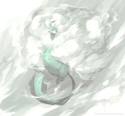 Rule 34 | altaria, animal, animal focus, beak, bird, blending, blue feathers, closed eyes, cloud, cloud hair, commentary, creatures (company), english commentary, feathers, fluffy, from side, full body, game freak, gen 3 pokemon, highres, kipine, mega altaria, mega pokemon, nintendo, no humans, open mouth, pokemon, pokemon (creature), solo