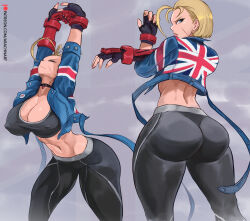 Rule 34 | 1girl, arachnart, ass, blonde hair, breasts, cammy stretch (meme), cammy white, cleavage, collarbone, covered erect nipples, cowboy shot, cropped legs, female focus, fingernails, highres, huge ass, large areolae, looking back, meme, midriff, multiple views, navel, pants, short hair, solo, street fighter, street fighter 6, stretching, thick thighs, thighs, toned, track pants, union jack, wide hips, yoga pants