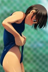 Rule 34 | 1girl, absurdres, bare arms, bare shoulders, black hair, blue one-piece swimsuit, blurry, blurry background, blush, chain-link fence, closed mouth, clothes lift, depth of field, fence, from side, frontal wedgie, grey eyes, highres, lifted by self, looking away, looking down, matsunaga kouyou, nose blush, one-piece swimsuit, one-piece tan, original, outdoors, photo-referenced, profile, self wedgie, solo, standing, swimsuit, swimsuit lift, tan, tanline, thighs, wedgie, wet, wet hair