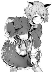 Rule 34 | 1girl, animal ear fluff, animal ears, aya shachou, blush, capelet, character request, check copyright, closed mouth, copyright request, covered erect nipples, granblue fantasy, greyscale, hand on own hip, leaning forward, long sleeves, looking at viewer, monochrome, pantyhose, simple background, skirt, smile, solo, white background