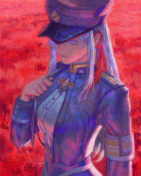 Rule 34 | 1girl, 86 -eightysix-, blue jacket, breasts, clenched hand, cropped jacket, dress shirt, flower, flowersbloodart, from above, grey eyes, high collar, highres, holding, jacket, long hair, long sleeves, medium breasts, military, military uniform, multicolored hair, open clothes, open jacket, red flower, shirt, sidelocks, solo, streaked hair, uniform, vladilena millize, white shirt