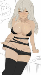 Rule 34 | 1girl, :q, bad id, bad pixiv id, bikini, black bikini, black thighhighs, bracelet, breasts, grey eyes, grey hair, jewelry, large breasts, long hair, lots of jewelry, minma, original, simple background, sketch, solo, sweat, swimsuit, thighhighs, tongue, tongue out, white background