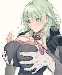 Rule 34 | 1girl, grabbing another&#039;s breast, breasts, byleth (female) (fire emblem), byleth (fire emblem), closed mouth, fire emblem, fire emblem: three houses, grabbing, grabbing from behind, green eyes, green hair, groping, highres, large breasts, medium hair, nemu (nora), nintendo, simple background, solo focus, surprised, upper body, white background