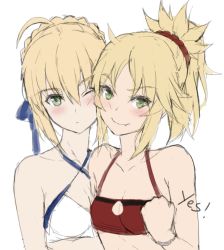 Rule 34 | 2girls, ahoge, artoria pendragon (all), artoria pendragon (fate), artoria pendragon (swimsuit archer) (first ascension) (fate), bare shoulders, bikini, blonde hair, blue ribbon, blush, braid, breasts, cheek-to-cheek, cleavage, closed mouth, collarbone, english text, fang, fate/grand order, fate (series), green eyes, hair between eyes, hair ornament, hair scrunchie, hand up, heads together, highres, looking at viewer, medium breasts, medium hair, mordred (fate), mordred (fate) (all), mordred (fate/apocrypha), mordred (swimsuit rider) (fate), multiple girls, one eye closed, ponytail, red bikini, red scrunchie, ribbon, saber (fate), scrunchie, short hair, simple background, sketch, small breasts, smile, swimsuit, tonee, upper body, white background