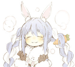 Rule 34 | 1girl, =.w.=, abara heiki, animal ear fluff, animal ears, black gloves, blue hair, blush, bubble background, carrot hair ornament, closed mouth, food-themed hair ornament, fur-trimmed gloves, fur scarf, fur trim, gloves, hair between eyes, hair ornament, hololive, light blue hair, long hair, looking at viewer, multicolored hair, rabbit ears, simple background, smile, solo, thick eyebrows, traditional media, twintails, two-tone hair, upper body, usada pekora, usada pekora (1st costume), virtual youtuber, white background, white hair