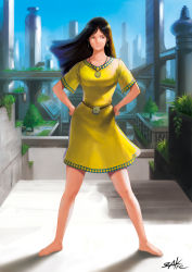 Rule 34 | 1girl, bare legs, barefoot, belt, black hair, blue sky, breasts, bridge, building, city, collarbone, dress, earrings, fantasy, feet, female focus, full body, grass, hands on own hips, highres, jewelry, kazuya (kazucym), light smile, long hair, looking to the side, necklace, one piece, original, parted bangs, shadow, short dress, short sleeves, signature, sky, skyscraper, smile, solo, standing, summer, toes, traditional clothes, tree, yellow dress