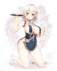 Rule 34 | 1girl, :o, absurdres, areola slip, azur lane, bare shoulders, blush, bowl, braid, breast curtains, breasts, cherry blossoms, china dress, chinese clothes, cleavage, commentary request, covered erect nipples, covered navel, dress, falling petals, floral background, floral print, flower, full body, garter straps, grey dress, hair between eyes, hair flower, hair ornament, haruka poi, highres, holding, holding spoon, holding tray, huge breasts, kneeling, loafers, looking at viewer, neckwear between breasts, no gloves, open mouth, pelvic curtain, petals, pussy juice, pussy juice puddle, pussy juice trail, red eyes, revealing clothes, scroll, shoes, short hair, side braid, side slit, sideboob, sidelocks, sirius (azur lane), sirius (azure horizons) (azur lane), sleeveless, sleeveless dress, smile, solo, spoon, thighhighs, translation request, tray, twitter username, white background, white footwear, white hair, white thighhighs