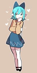 Rule 34 | 1girl, :t, alternate costume, aqua eyes, aqua hair, arm rest, beige shirt, black footwear, blue bow, blue skirt, blush, bow, bright pupils, broken heart, casual, cheek press, cirno, closed mouth, contemporary, crossed arms, full body, hair between eyes, hair bow, hand on own arm, hand on own cheek, hand on own face, hand up, head rest, heart, heart necklace, holding, holding jewelry, holding necklace, holding own arm, jewelry, legs together, long sleeves, looking at viewer, looking to the side, mary janes, necklace, no nose, organsoup, outline, pendant, pleated skirt, pointy ears, puffy long sleeves, puffy sleeves, shirt, shirt tucked in, shoes, short hair, simple background, skirt, smile, solo, standing, tan background, thighhighs, touhou, valentine, white outline, white pupils, white thighhighs, zettai ryouiki